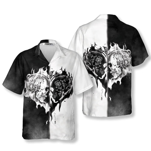 Skull Love Black White Flame Skull Hawaiian Shirt - Primesty