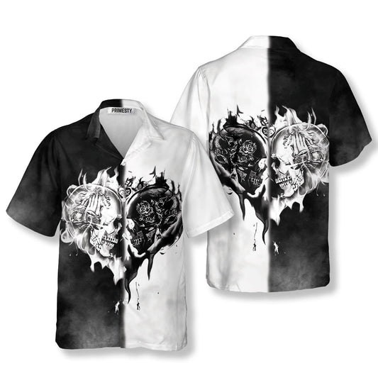 Skull Love Black White Flame Skull Hawaiian Shirt - Primesty