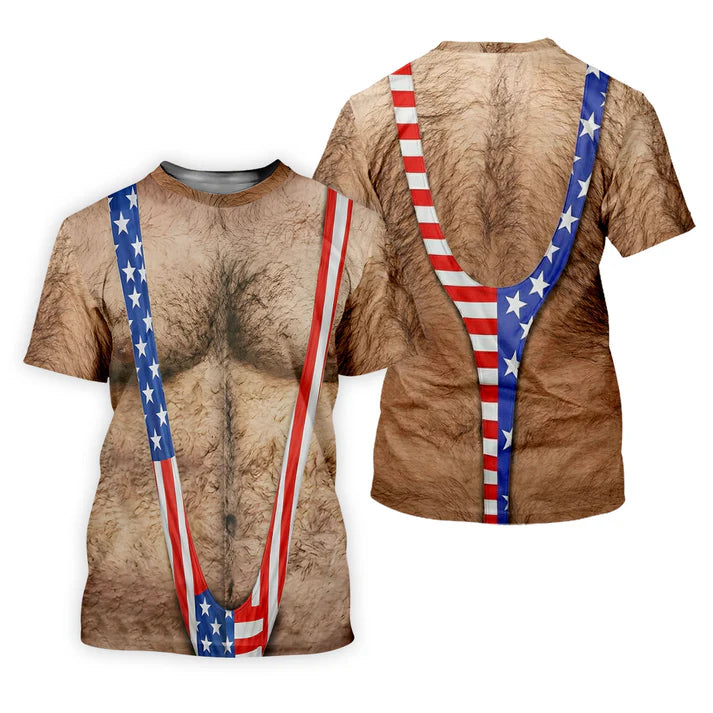 American Flag Funny Hawaiian Shirt Men, Patriotic Chest Hair Illusion Aloha Shirt, 4th of July Button Up Shirt, Independence Party Outfit