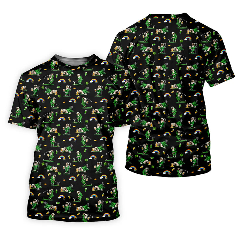 St Patrick's Day Leprechaun Character Golf And Beer Black Golf Shirt
