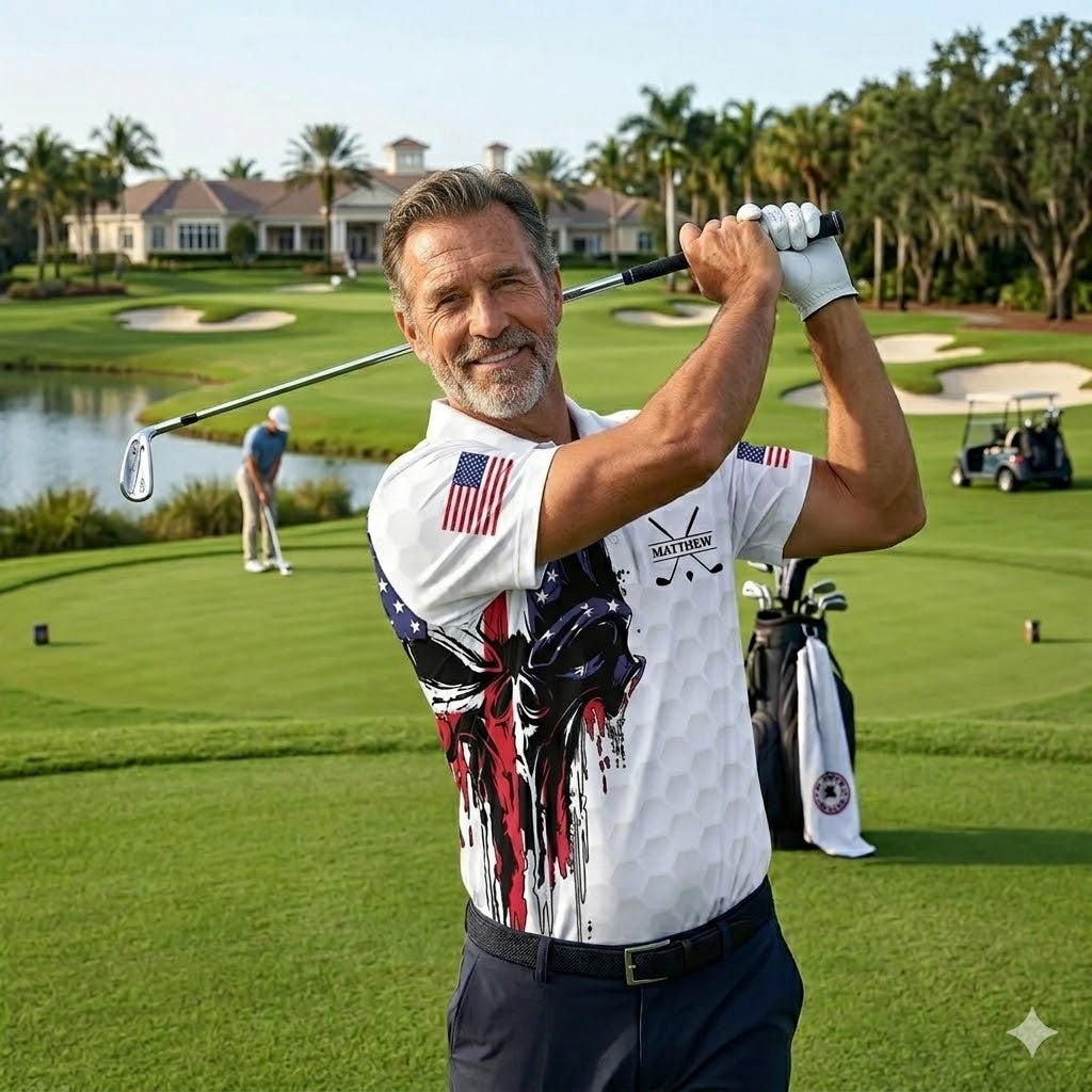 Personalized American Skull Flag Polo Shirt, Golf Gear