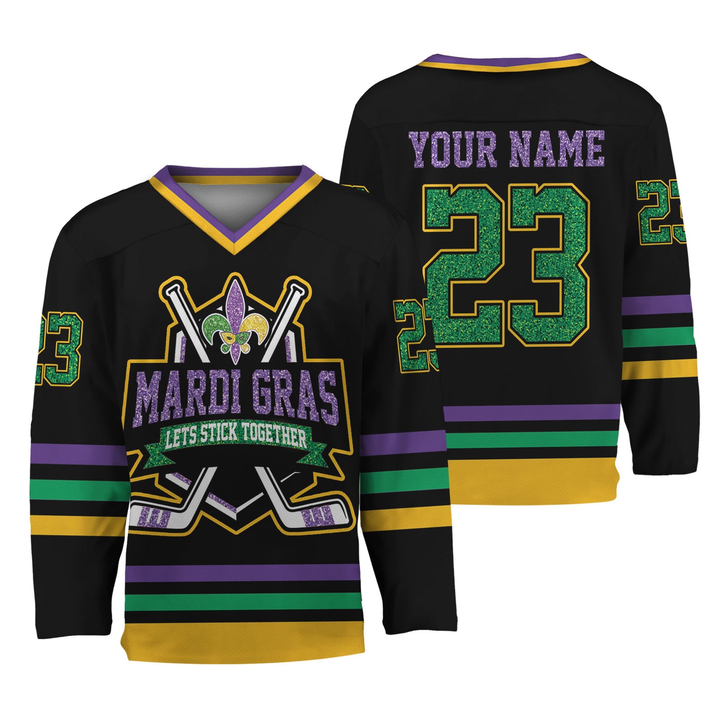 Custom Mardi Gras Black Hockey Jersey