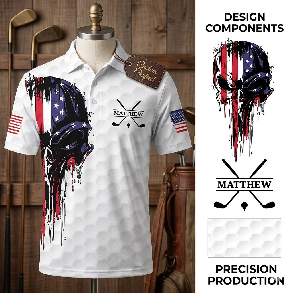 Personalized American Skull Flag Polo Shirt, Golf Gear