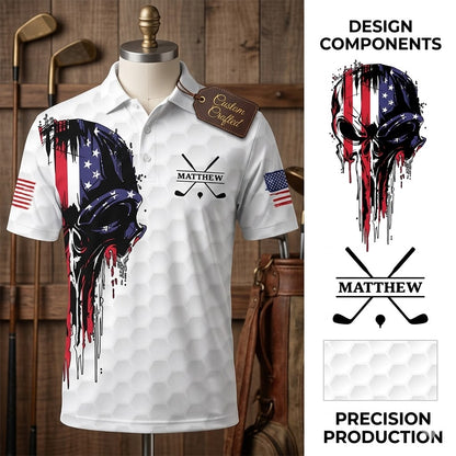 Personalized American Skull Flag Polo Shirt, Golf Gear