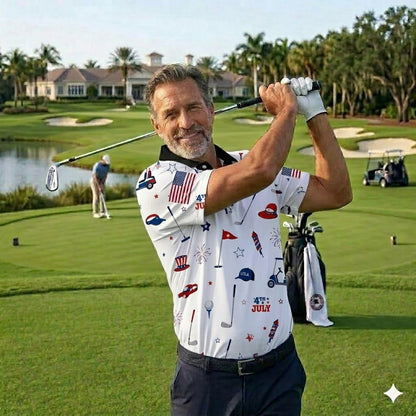 Patriotic Red White Blue Polo Shirt for Men, 4th of July Golf Polo