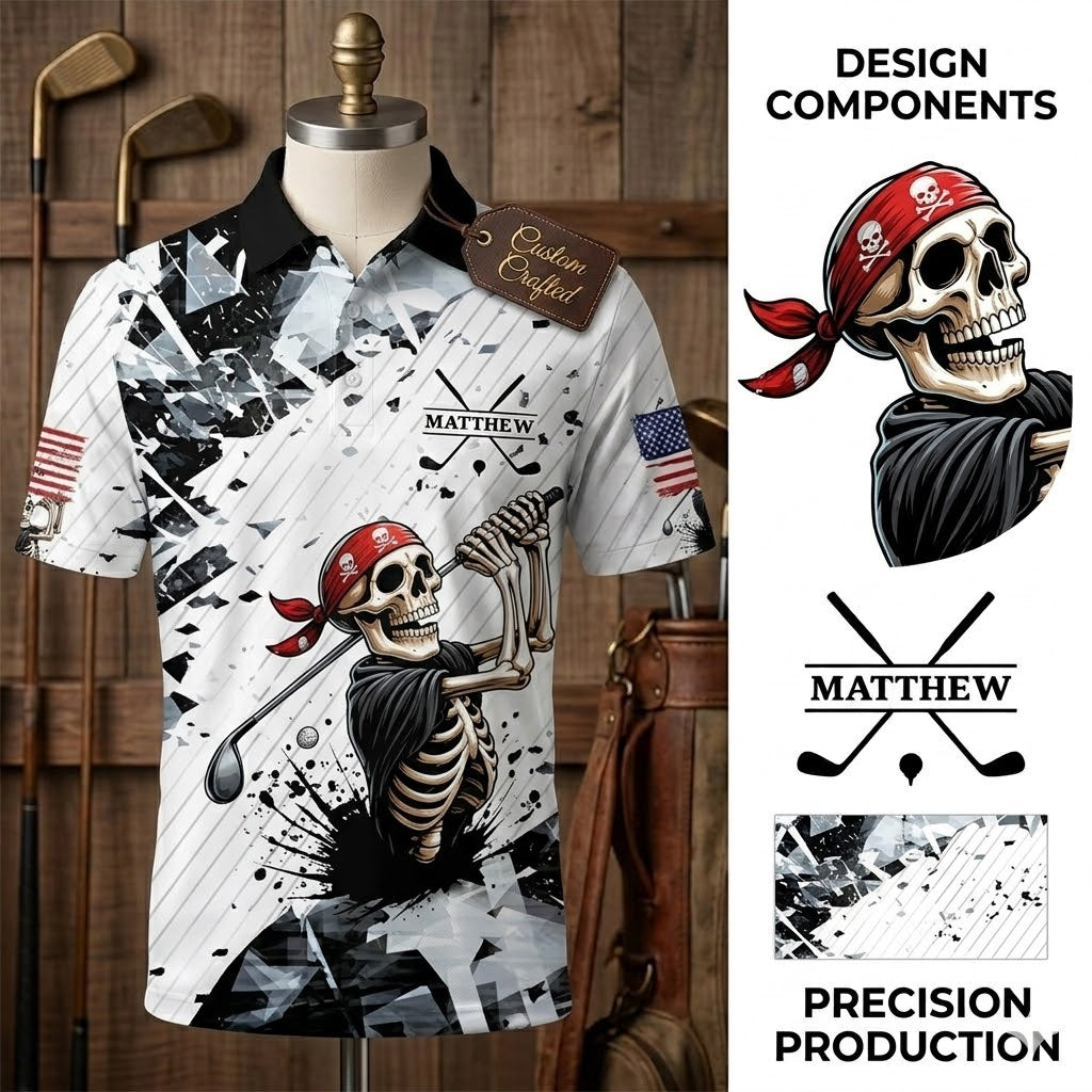 Pirate Skeleton Golf Polo Shirt for Men Women, Funny Golfer Outfit with Skull Bandana Print