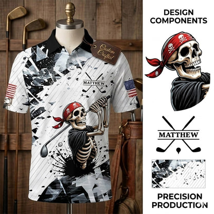 Pirate Skeleton Golf Polo Shirt for Men Women, Funny Golfer Outfit with Skull Bandana Print