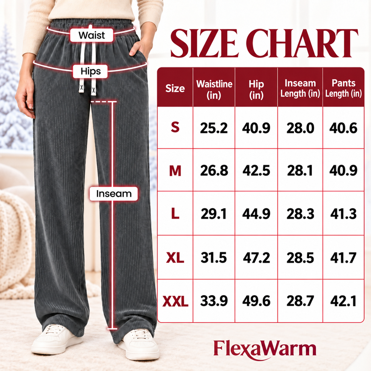 FlexaWarm size chart in inches