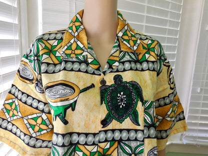 Vintage BARKCLOTH Shirt MAORI Print Cotton Shirt Hawaiian Shirt