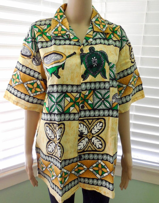 Vintage BARKCLOTH Shirt MAORI Print Cotton Shirt Hawaiian Shirt