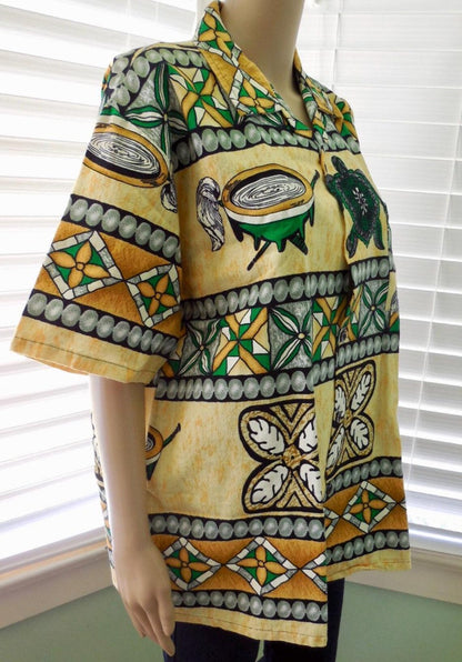 Vintage BARKCLOTH Shirt MAORI Print Cotton Shirt Hawaiian Shirt
