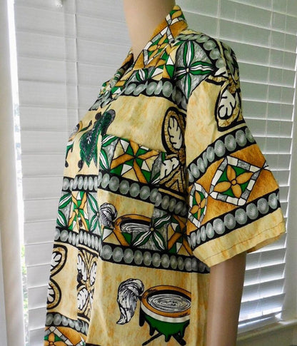 Vintage BARKCLOTH Shirt MAORI Print Cotton Shirt Hawaiian Shirt