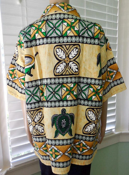 Vintage BARKCLOTH Shirt MAORI Print Cotton Shirt Hawaiian Shirt