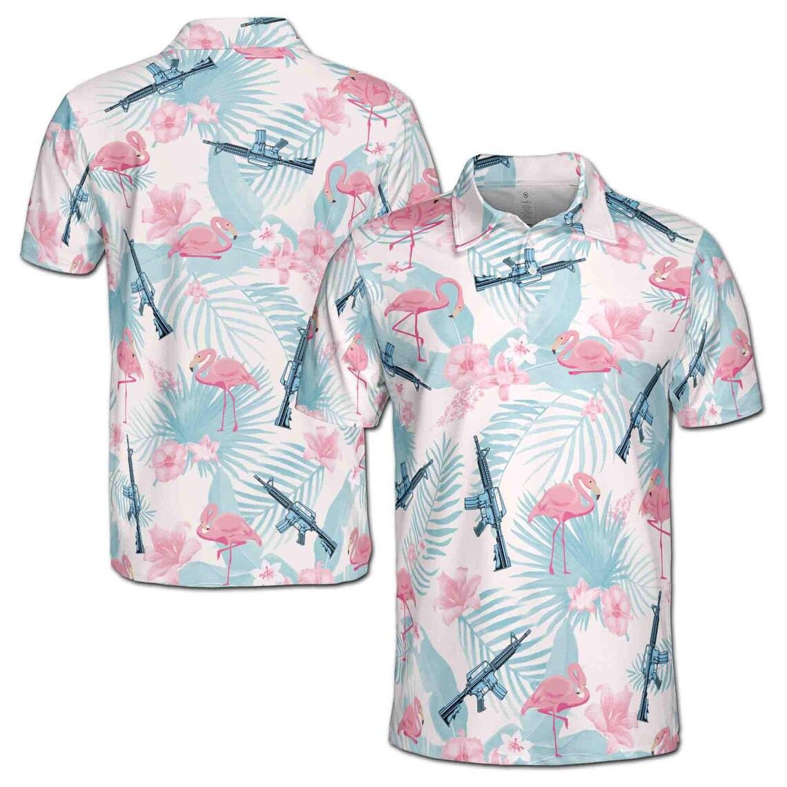Funny Pink Flamingo Gun Tropical Jungle Flower Men's Polo Shirt