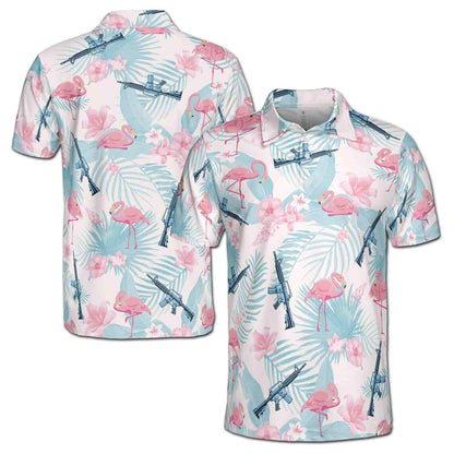Funny Pink Flamingo Gun Tropical Jungle Flower Men's Polo Shirt