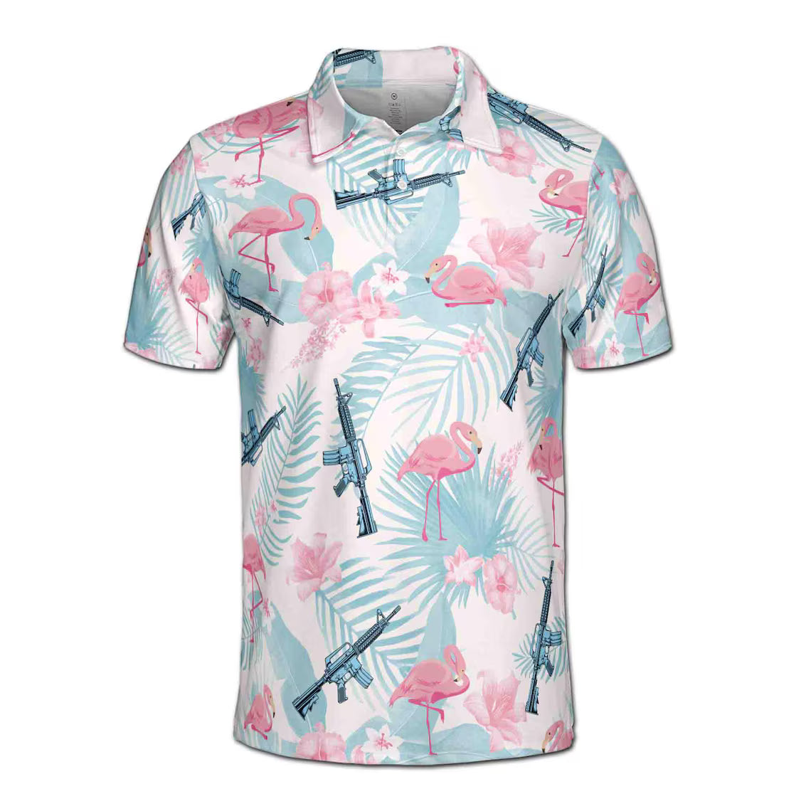 Funny Pink Flamingo Gun Tropical Jungle Flower Men's Polo Shirt