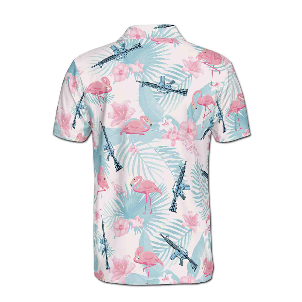 Funny Pink Flamingo Gun Tropical Jungle Flower Men's Polo Shirt