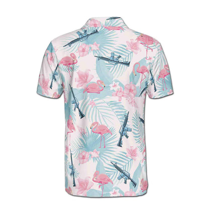 Funny Pink Flamingo Gun Tropical Jungle Flower Men's Polo Shirt
