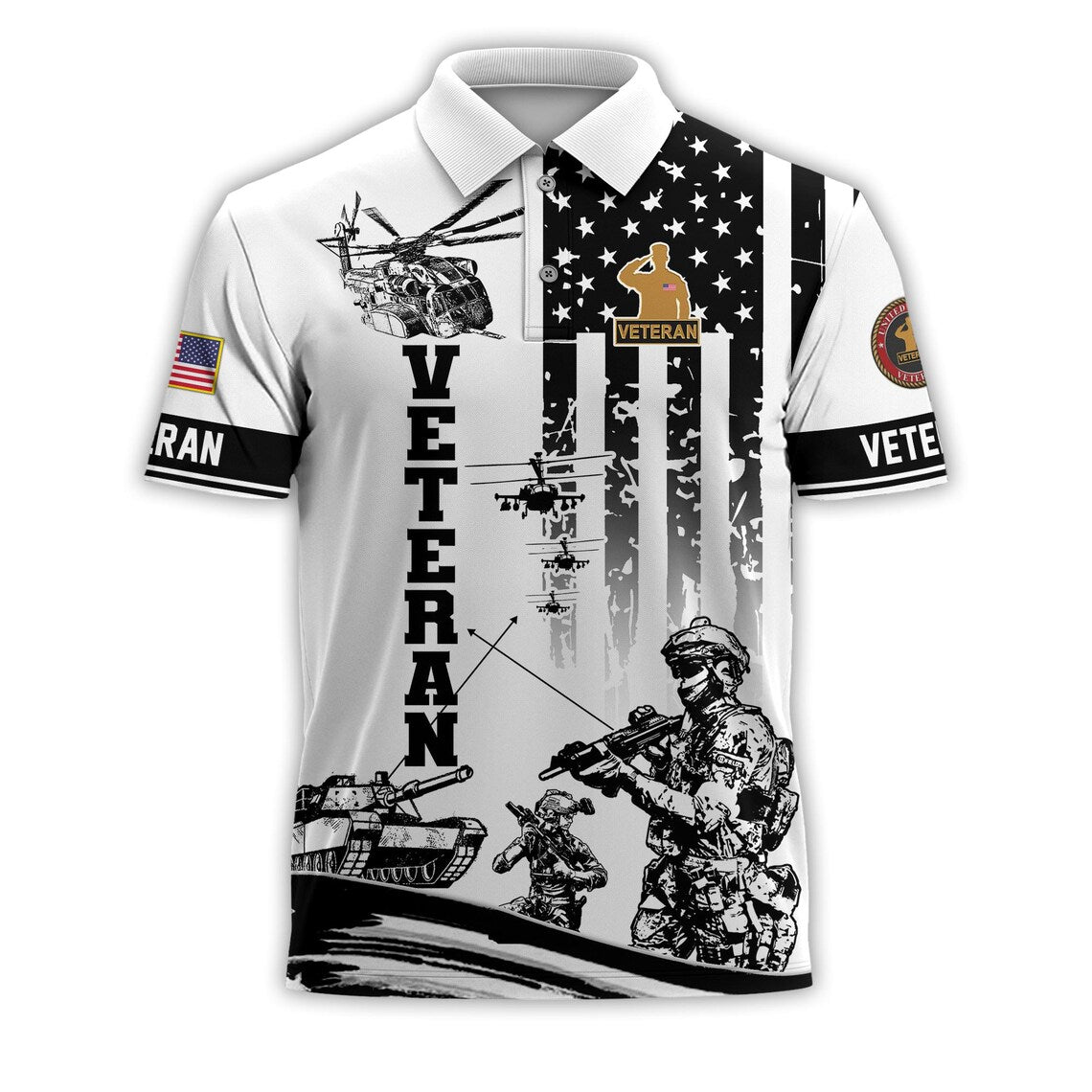 All Over Printed Veteran Polo – Military Polo, Patriotic Golf Polo, American Flag Polo Shirt