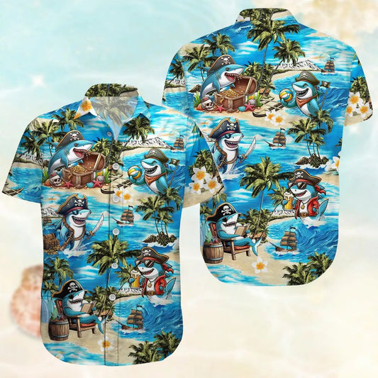 Shark Pirate Shirt, Shark Hawaiian Shirt, Ocean Button Shirt, Bachelor Party Shirt, Ocean Life Shirt, Tropical Pattern Aloha Shirt Men