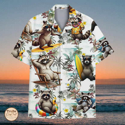 Raccoon Surfing Hawaiian Shirt: Funny Summer Beach Button-Down. Hawaiian Shirt Summer Funny