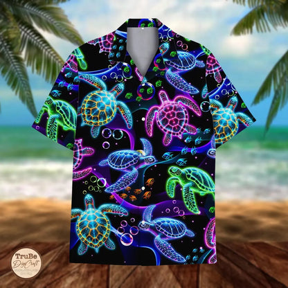 Neon Sea Turtle Hawaiian Shirt: Aloha Summer Beach Button-Down