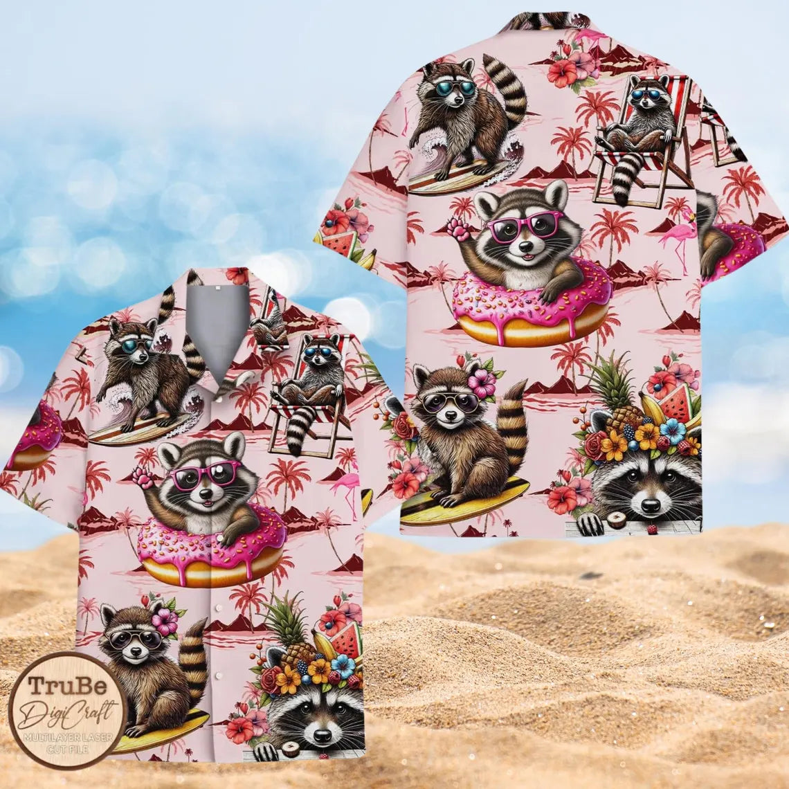 Raccoon Hawaiian Shirt, Donut Print, Summer Beach Button-Down