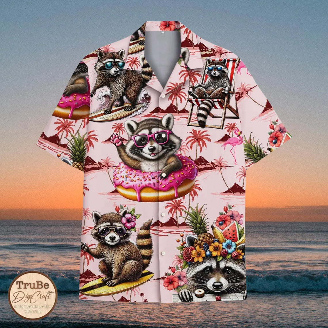 Raccoon Hawaiian Shirt, Donut Print, Summer Beach Button-Down