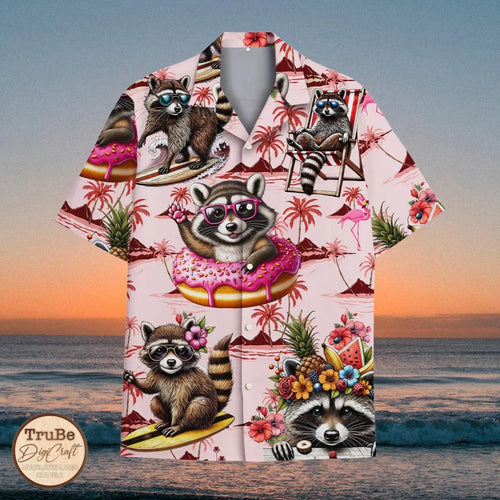 Raccoon Hawaiian Shirt, Donut Print, Summer Beach Button-Down