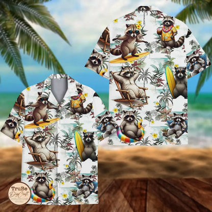Raccoon Surfing Hawaiian Shirt: Funny Summer Beach Button-Down