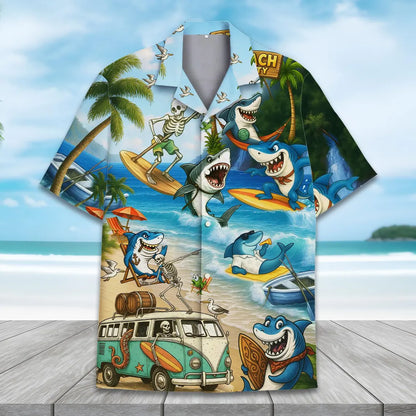 Shark Skeleton Hawaiian Shirt, Funny Beach Button Up Short Sleeve for Adults & Youth