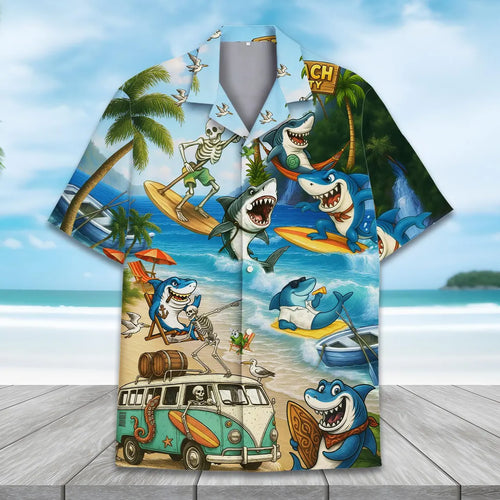 Shark Skeleton Hawaiian Shirt, Funny Beach Button Up Short Sleeve for Adults & Youth