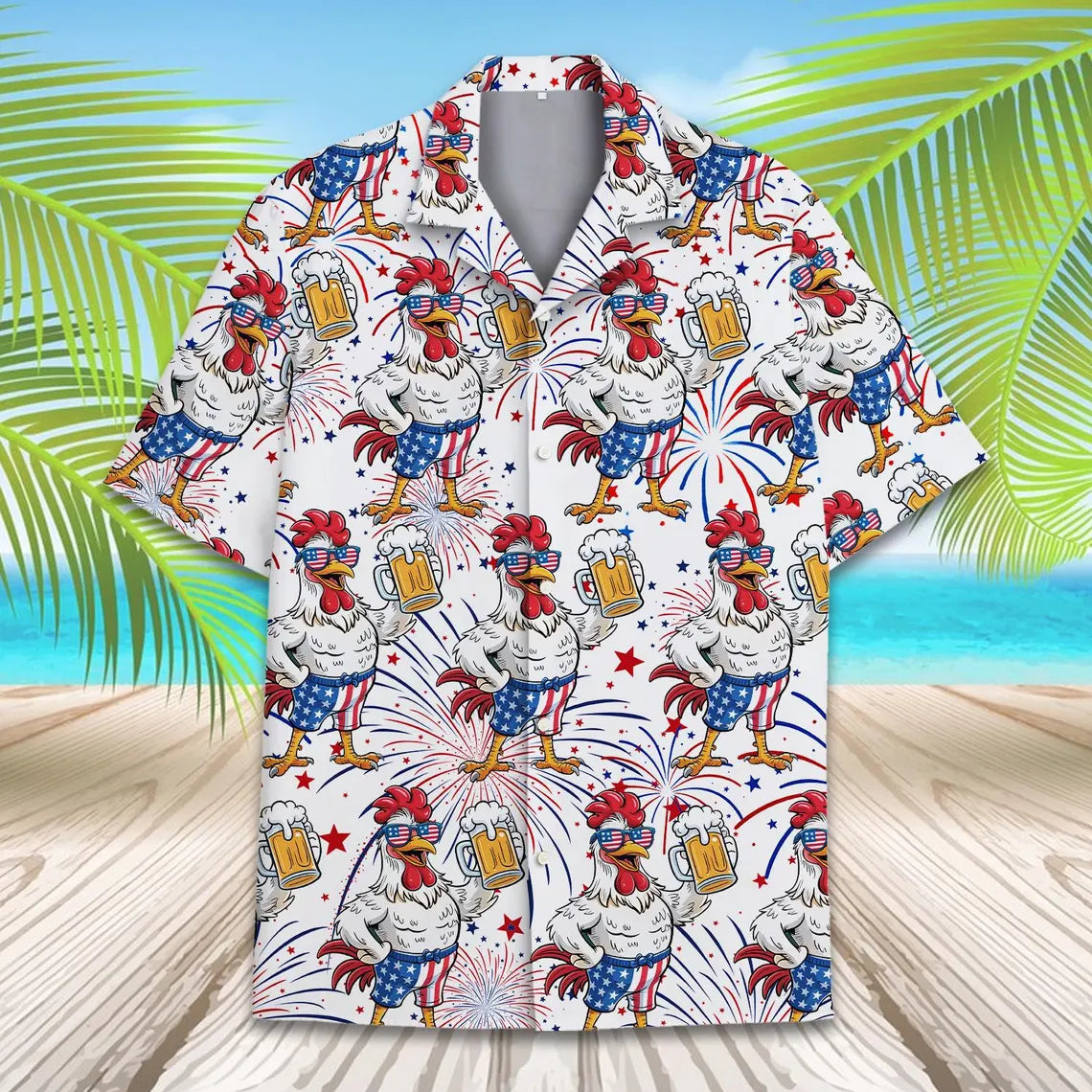 Patriotic Rooster & Beer Hawaiian Shirt For Men Women, Patriotic Button-Down Shirt Short Sleeve, Happy 4th of July, Independence day Outfit