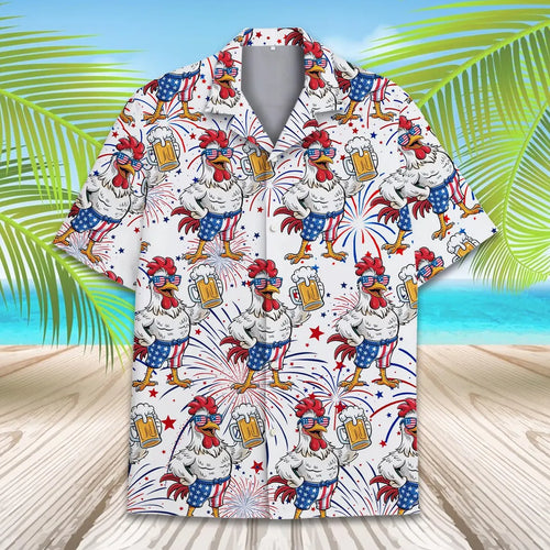 Patriotic Rooster & Beer Hawaiian Shirt For Men Women, Patriotic Button-Down Shirt Short Sleeve, Happy 4th of July, Independence day Outfit