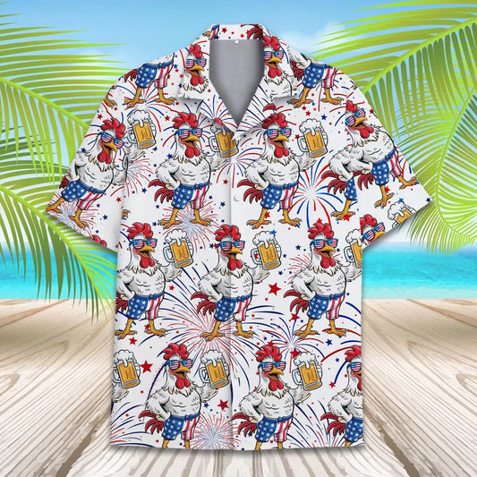 Patriotic Rooster & Beer Hawaiian Shirt For Men Women, Patriotic Button-Down Shirt Short Sleeve, Happy 4th of July, Independence day Outfit