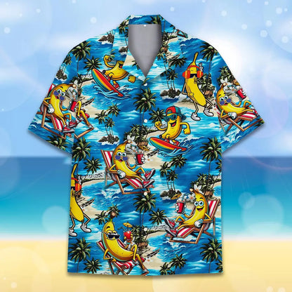 Funny Banana Hawaiian Shirt for Men Women Youth, Hula Banana Button-Down Short Sleeve Shirt, Tropical Summer Beach Party Shirt