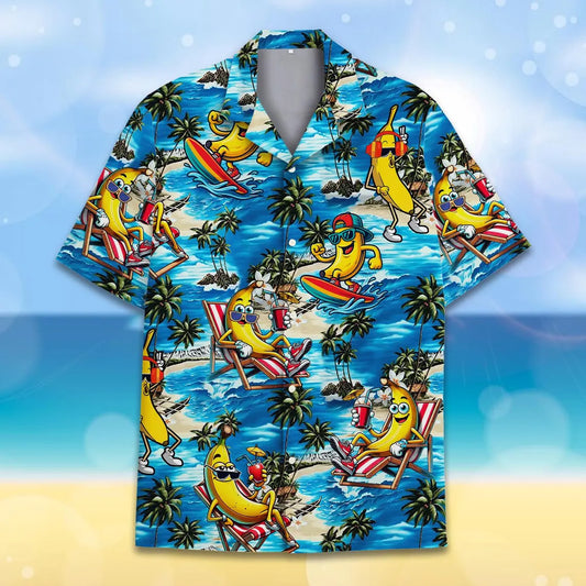 Funny Banana Hawaiian Shirt for Men Women Youth, Hula Banana Button-Down Short Sleeve Shirt, Tropical Summer Beach Party Shirt