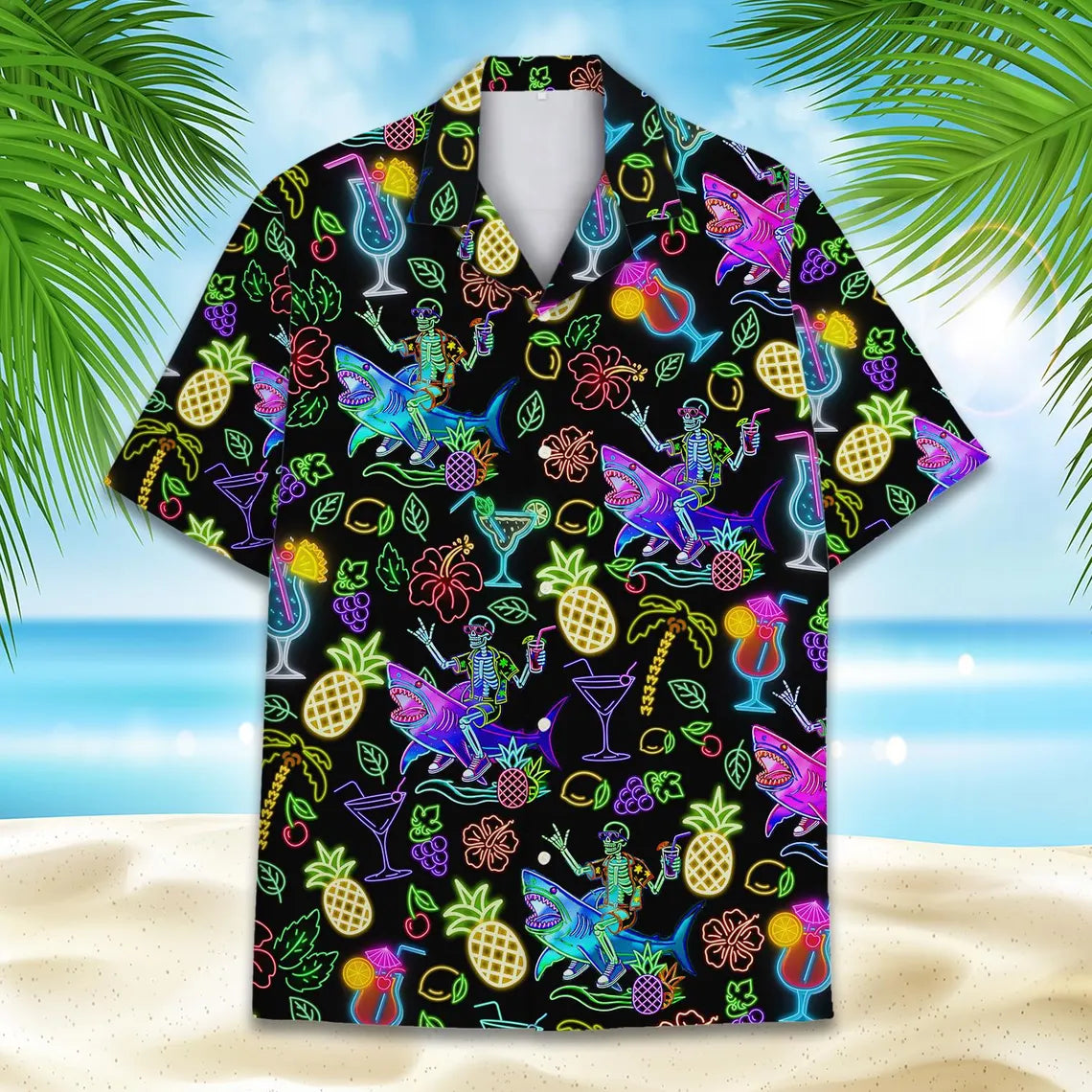 Neon Skeleton Riding Shark Hawaiian Shirt For Men, Cocktail Retro 80s Button-Up