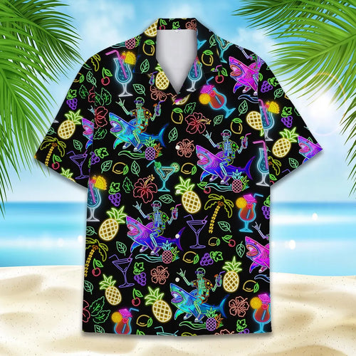 Neon Skeleton Riding Shark Hawaiian Shirt For Men, Cocktail Retro 80s Button-Up