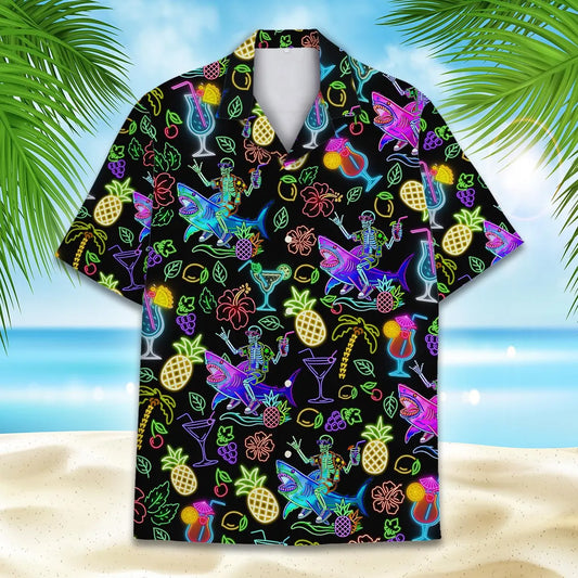 Neon Skeleton Riding Shark Hawaiian Shirt For Men, Cocktail Retro 80s Button-Up