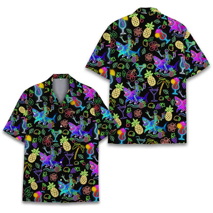 Neon Skeleton Riding Shark Hawaiian Shirt For Men, Cocktail Retro 80s Button-Up