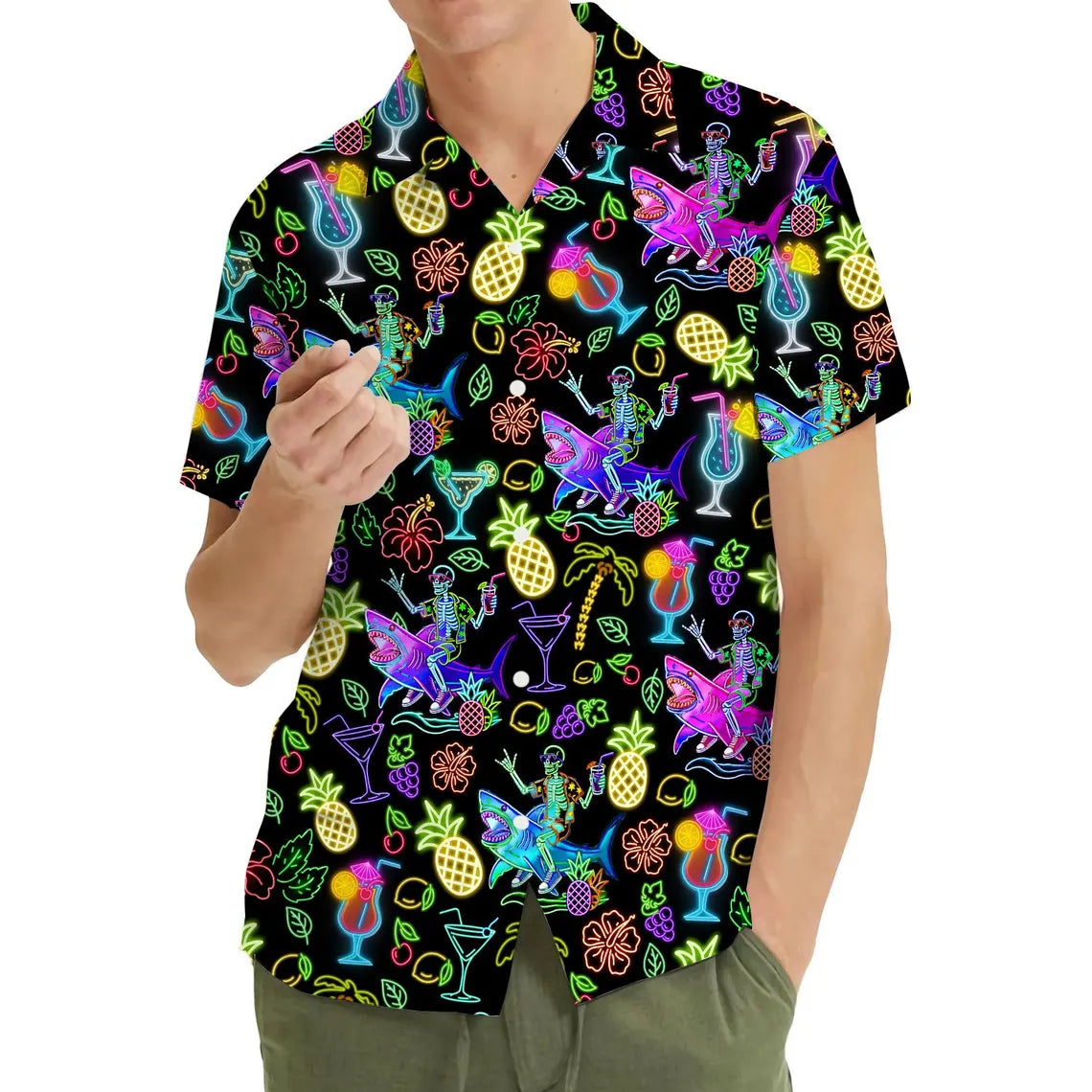 Neon Skeleton Riding Shark Hawaiian Shirt For Men, Cocktail Retro 80s Button-Up