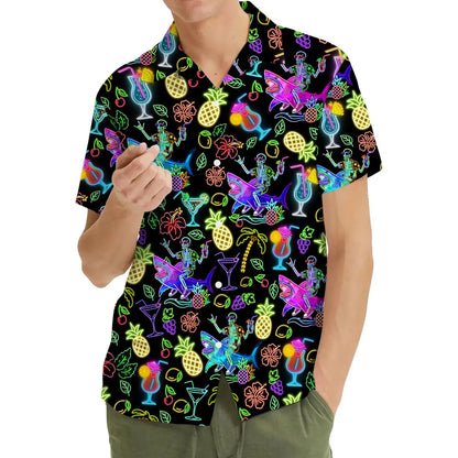 Neon Skeleton Riding Shark Hawaiian Shirt For Men, Cocktail Retro 80s Button-Up