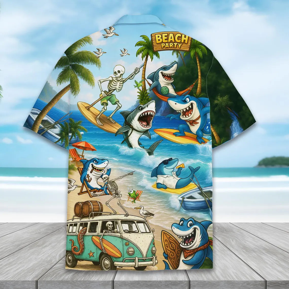 Shark Skeleton Hawaiian Shirt, Funny Beach Button Up Short Sleeve for Adults & Youth