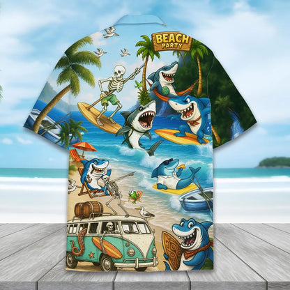 Shark Skeleton Hawaiian Shirt, Funny Beach Button Up Short Sleeve for Adults & Youth