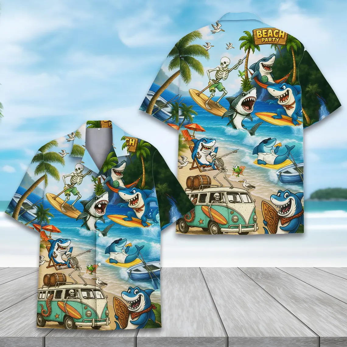 Shark Skeleton Hawaiian Shirt, Funny Beach Button Up Short Sleeve for Adults & Youth