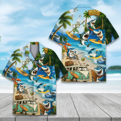 Shark Skeleton Hawaiian Shirt, Funny Beach Button Up Short Sleeve for Adults & Youth