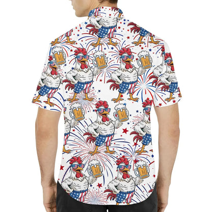 Patriotic Rooster & Beer Hawaiian Shirt For Men Women, Patriotic Button-Down Shirt Short Sleeve, Happy 4th of July, Independence day Outfit