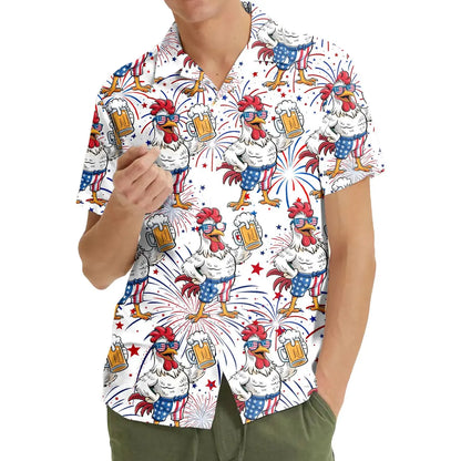 Patriotic Rooster & Beer Hawaiian Shirt For Men Women, Patriotic Button-Down Shirt Short Sleeve, Happy 4th of July, Independence day Outfit