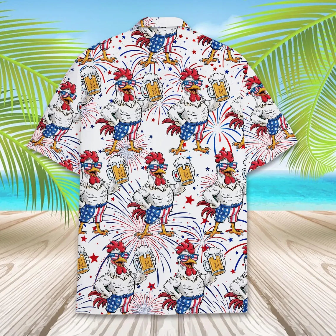 Patriotic Rooster & Beer Hawaiian Shirt For Men Women, Patriotic Button-Down Shirt Short Sleeve, Happy 4th of July, Independence day Outfit